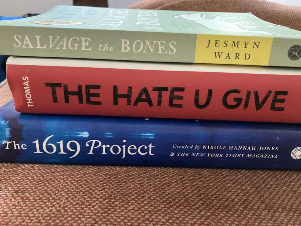 A stack of books that includes banned books in the US