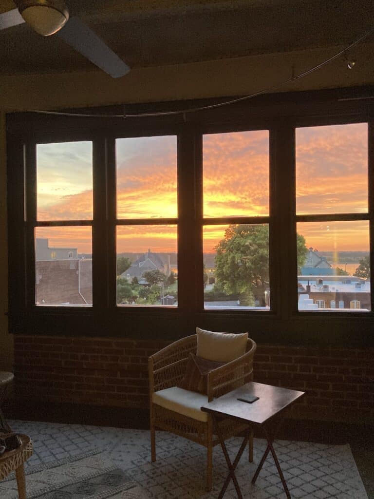 River view with orange sunset from our new condo