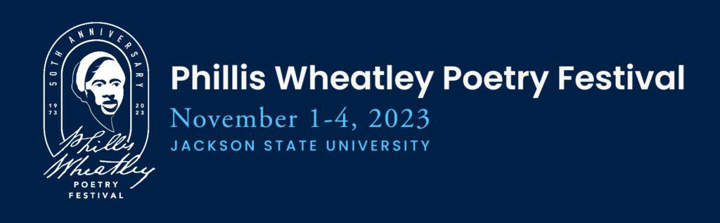 The blue and white logo for the Phillis Wheatley Poetry Fest offered by Jackson State University 
