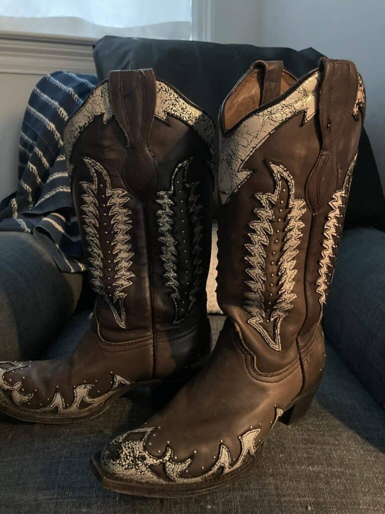 A pair of wings disguised as brown and silver cowboy boots on a blue chair