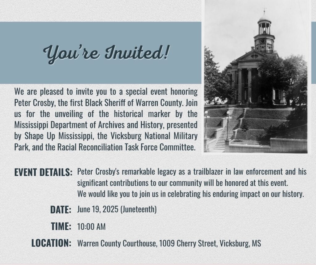 The invitation to attend the unveiling of the marker honoring Sheriff Peter Crosby, the first African American Sheriff of Warren County, featuring a black and white photo of the Warren County Courthouse. 