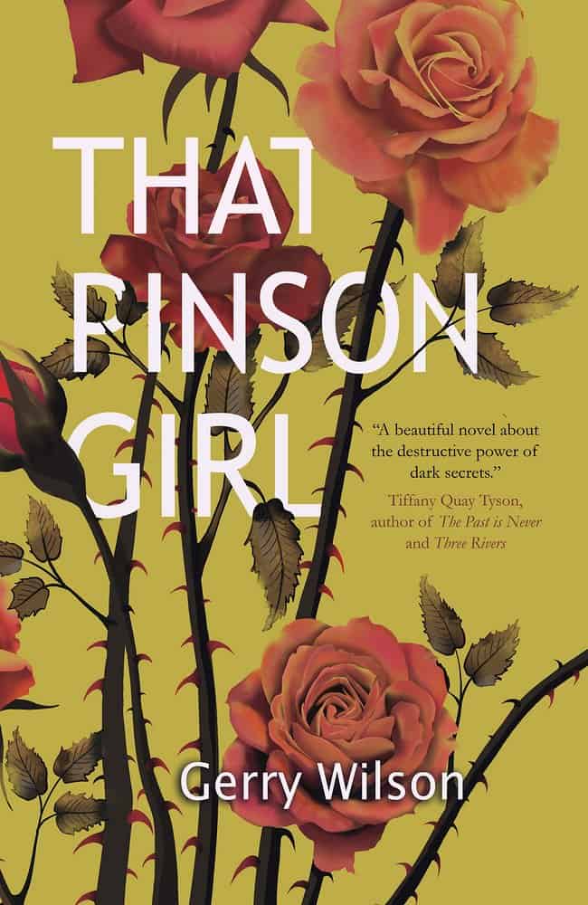 A red rose with thorns on a mustard background illustrating That Pinson Girl by Gerry Wilson, on of two Mississippi women authors I'm featuring.
