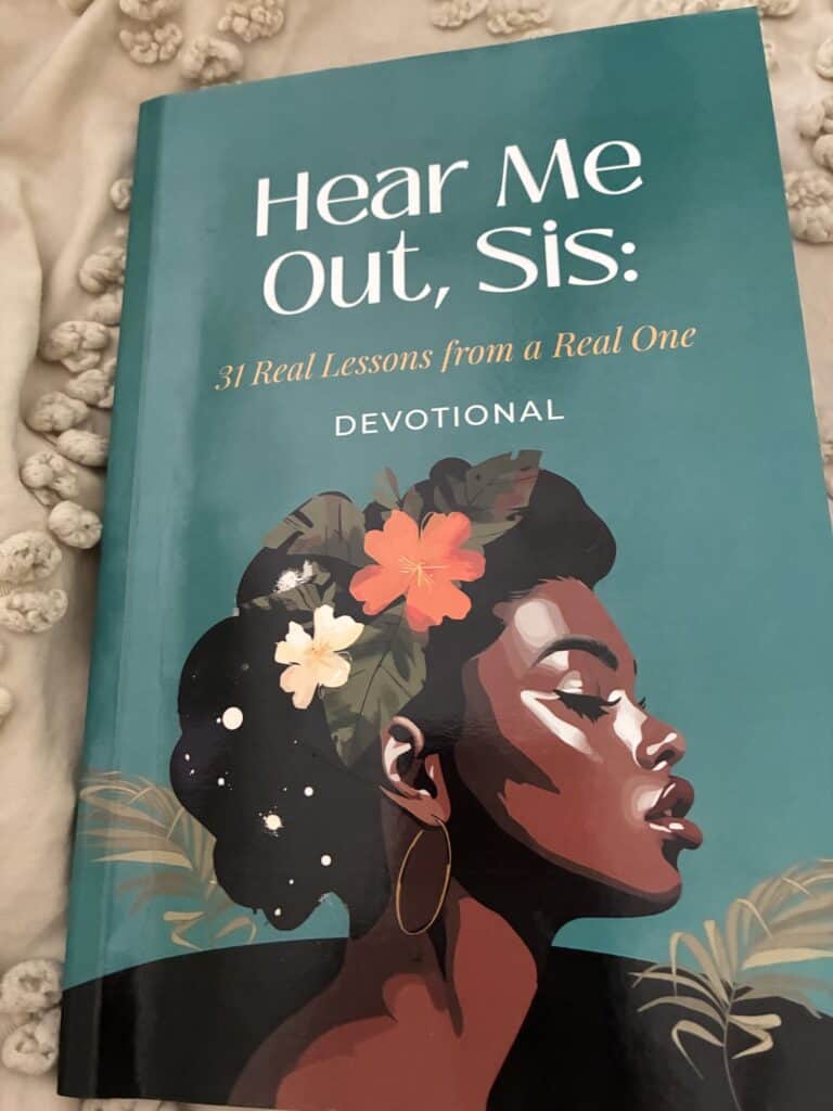 Book cover of a Black woman in profile with flowers in her hair and the title: Hear Me Out, Sis